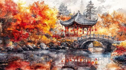 Autumn Red Leaves Ancient Bridge Landscape