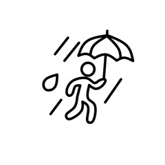 Person Walking with Umbrella in Heavy Rain Line Icon