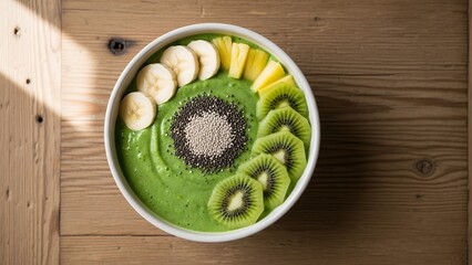 Delicious green smoothie bowl with banana, kiwi, and chia seeds on wooden table
