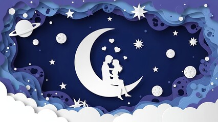 Romantic couple sitting on crescent moon under starry night sky