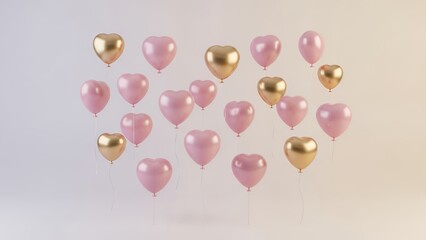 Heart shaped pink and gold balloons floating in air