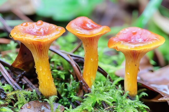 Cantharellus cibarius mushrooms growing on a forest floor.