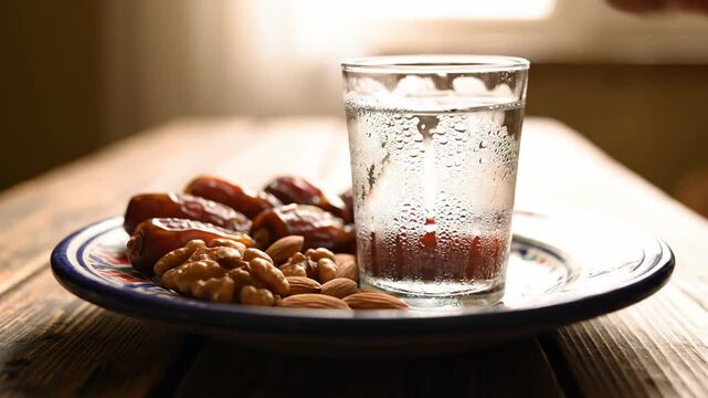 Ramadan Iftar Fast Breaking Dates Walnuts Almonds Plate Wooden Table