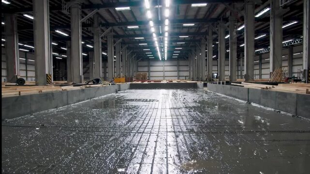 Construction of large indoor swimming pool in modern industrial facility with concrete foundation and metallic structure. concept of architectural engineering, building process