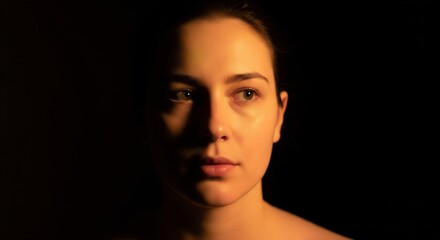 Dramatic low key portrait of a young woman's face illuminated by warm amber light against a black background.