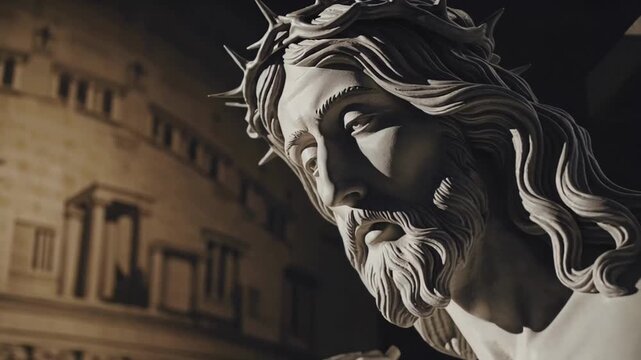Dramatic close-up of Jesus Christ sculpture with crown of thorns under cinematic lighting in front of ancient architecture. Concept of Christian faith, Easter symbolism, religious reflection