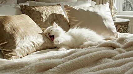 Charming long shot of a fluffy white Persian kitten nestled among several soft textured decorative pillows on a neatly made luxurious bed in a bright bedroom modern, furniture, domestic animal