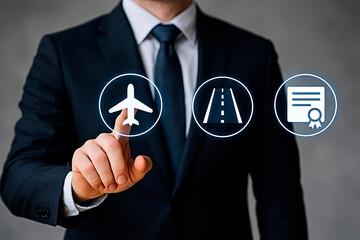 A businessman selecting travel and education options on a digital interface