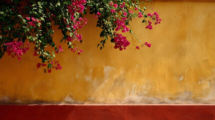 Pink Bougainvillea Blooms on a Yellow Plaster Wall