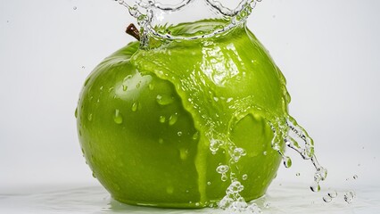 Fresh green apple with water splashing on it