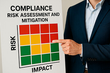 A businessman pointing at a compliance risk assessment and mitigation chart