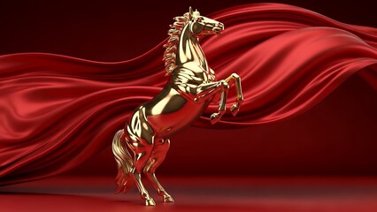 Golden horse statue rearing up dramatically with flowing red fabric