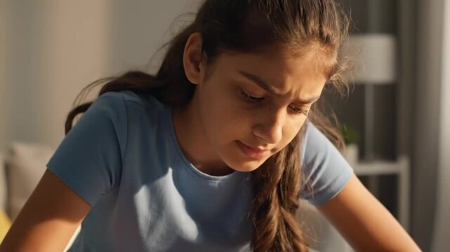 Focused girl assembling a wooden puzzle with concentration, problem-solving, and patience in a relaxing setting