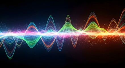 A vibrant and dynamic sound wave graphic with colorful, glowing lines on a dark background