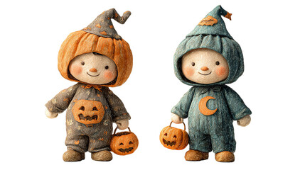 Halloween characters wearing pumpkin costumes holding carved gourds in orange and gray, isolated cutout.
