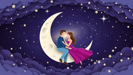 Romantic couple sitting on the moon under starry night sky
