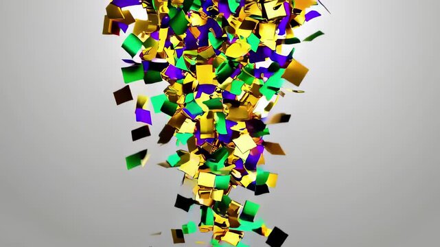 Colorful mardi gras confetti explosion creating vibrant celebration atmosphere with gold, purple, and green streamers. concept of festival joy, lively party decor, festive fun