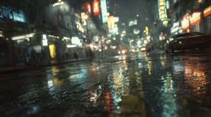 Night city street scene with illuminated signs and reflections on wet pavement