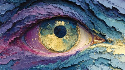 Textured painting of an eye, rich colors, expressive brushstrokes