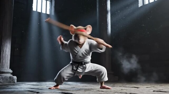 Cinematic CGI rendering of a masterful anthropomorphic martial arts mouse expertly spinning a miniature wooden bo staff in a dark training chamber spinning, arts, bo