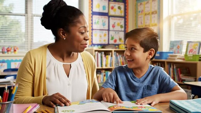 Teacher and student reading together in a classroom, discussing silent letters and improving literacy skills
