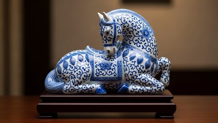 Elegant blue and white porcelain horse statue on wooden base