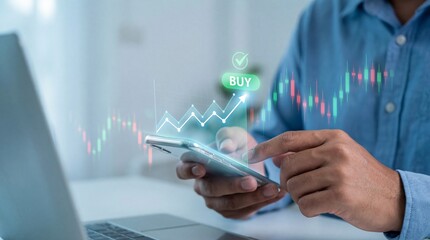 a person is interacting with a smartphone displaying stock market data and financial charts suggesting mobile trading and investment analysis