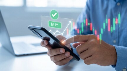 a person using a smartphone to analyze stock market data with a buy signal displayed indicating potential investment opportunities high quality