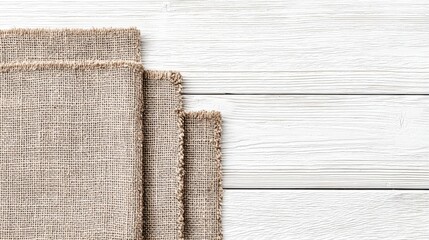 Natural unbleached linen canvas fabric draped over a white wooden surface, offering ample copy space for design and craft projects.