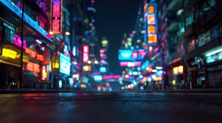 Neon cityscape illuminated at night with vibrant lights and reflections
