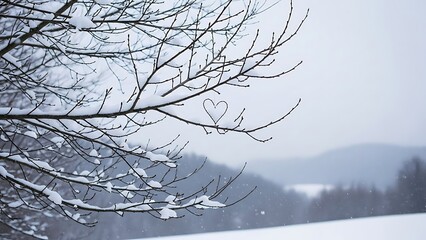 Obraz premium Snowy landscape with bare tree branch and heart shaped twig