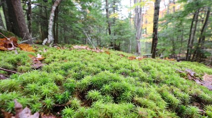 A thick carpet of vibrant green forest moss blankets the woodland floor with fallen autumn leaves visible.