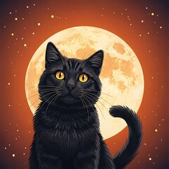 Black Cat Staring with Moon Background.