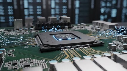 Dynamic closeup of a powerful central processing unit glowing with blue light on a green circuit board symbolizing advanced artificial intelligence data processing and the future of digital technolog. - Powered by Adobe