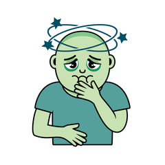 Obraz premium Poor man with nausea and dizziness vector illustration. Funny green vomiting man cartoon. Suffering sick man with spinning head icon isolated on a white background. Gagging guy simple icon