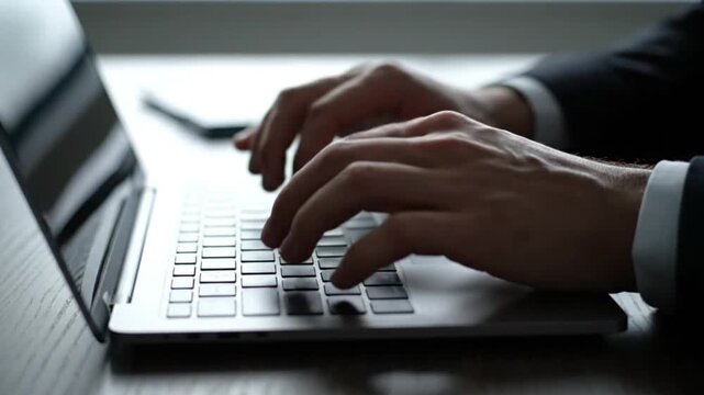 Close-up of a businessman's hands and fingers typing on a laptop keyboard at a professional office workplace for internet technology communication
