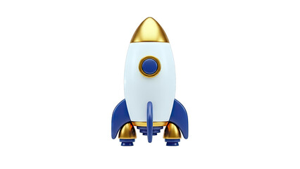 3D Rendered White and Blue Rocket with Gold Accents