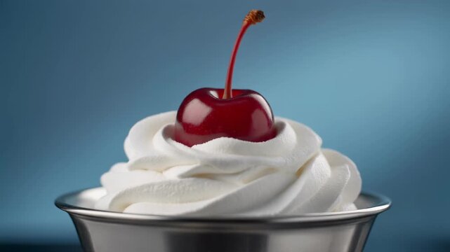 A sequence of images showing the preparation of a vanilla soft serve sundae. A single red maraschino cherry is placed on top as a final garnish for the sweet dessert