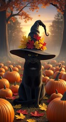 Black Cat Witch in Pumpkin Patch - Autumn Halloween Magic.