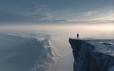 Lone figure standing on cliff edge observing vast landscape in overcast light