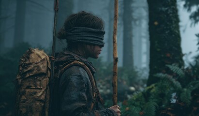 Person with blindfold in forest holding wooden stick adventure concept