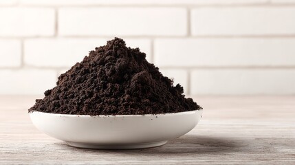 A generous heap of freshly ground coffee beans in a white bowl on a wooden surface with a blurred brick background