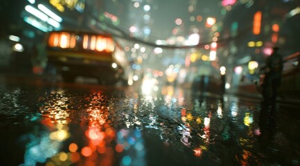Night city street scene with glowing lights and reflections on wet ground