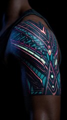 Neon geometric tattoo on shoulder against black background