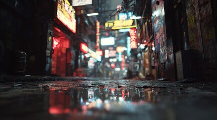 Neon lights reflect on wet street in a futuristic city at night