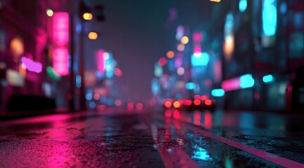 Neon cityscape at night with blurred lights and reflections on wet ground