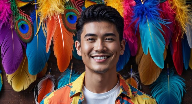 Colorful casual happy front view on festive sinulog festival feathers background filipino asian man portrait fashion style concept photoshoot for banner
