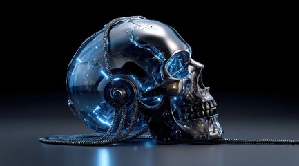 Metallic skull with futuristic design illuminated by glowing energy