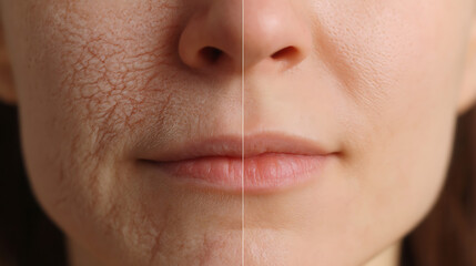 Split image showing aged wrinkled skin and smooth youthful skin