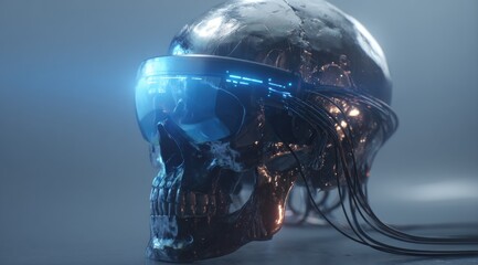Metallic skull with futuristic goggles and wires illuminated by blue light